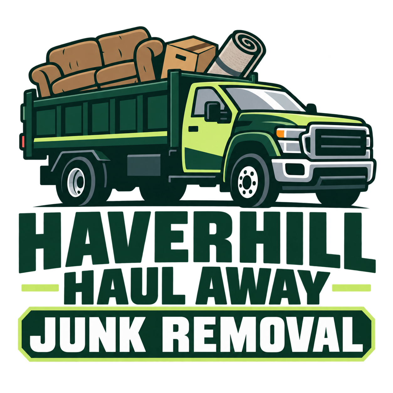 Haverhill Haul Away junk removal logo showing a truck with a sofa, boxes and a rolled rug